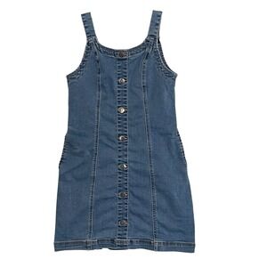 Colorful Planet Women Blue Denim Button Front Pinafore Mini Dress Size L 12